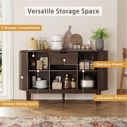 LINSY HOME 55" Sideboard Buffet Cabinet,Tambour Sliding Doors & Drawer | Vintage Walnut Fluted Coffee Bar Cabinet with Storage, Mid Century Modern Wood Storage Buffet Table for Kitchen, Living Room