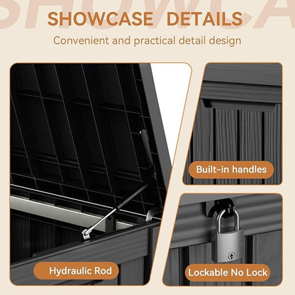 190 Gallon Large Outdoor Storage Box Waterproof, UV Resistant Resin Deck Box with Hydraulic Rod & Lockable Latch for Patio Furniture, Outside Storage Box for Garden Tools, Patio Cushions, Black
