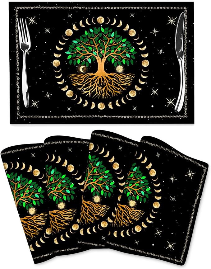 Black Placemats Set of 4, Ancient Life Tree Decorative Place Mats | for Dining Table Decor, Linen Washable Table Mats for Kitchen Outdoor Party Home Moon Luna Hippy Decor 12"x18"
