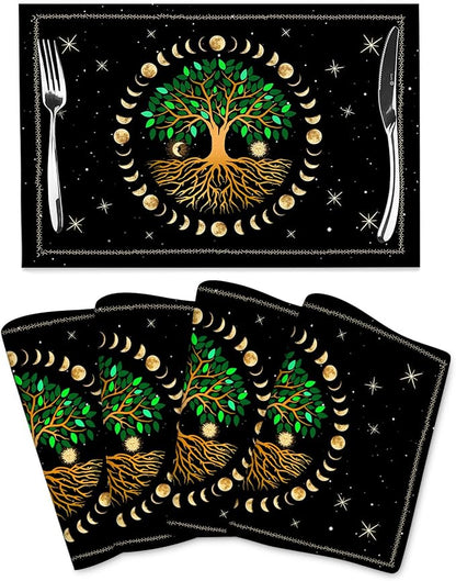 Black Placemats Set of 4, Ancient Life Tree Decorative Place Mats | for Dining Table Decor, Linen Washable Table Mats for Kitchen Outdoor Party Home Moon Luna Hippy Decor 12"x18"