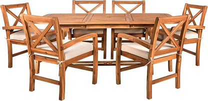 Walker Edison Maui Classic 7 Piece Acacia Wood Outdoor Dining Set with X Back Chairs, Set of 7, Brown