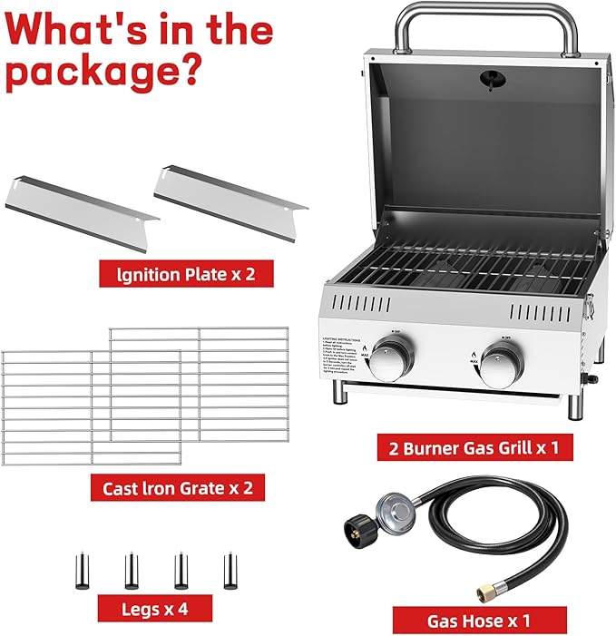 Veralune Tabletop Gas Grill, 2 Burners Portable Propane Grill, Camping Cooking Grill with Travel Lock for Camping, RV, Backyard BBQ