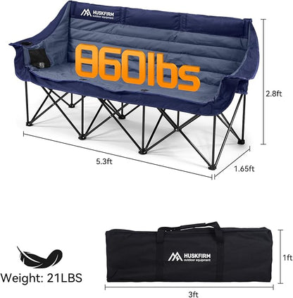 Huskfirm 3 Person Camping Chairs Folding Double Camp Chair for Adults Blue | Oversized Loveseat Camping Chair Padded Heavy Duty Camping Couch for Outdoor Lawn with Two Cup Holders and Carry Bag