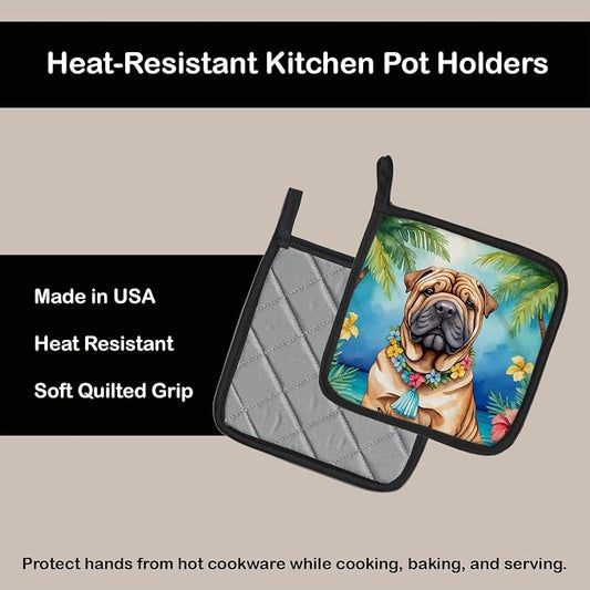 Caroline's Treasures Shar Pei Luau Pair of Pot Holders Kitchen Heat Resistant Pot Holders Sets Oven Hot Pads for Cooking Baking BBQ, 7 1/2 x 7 1/2