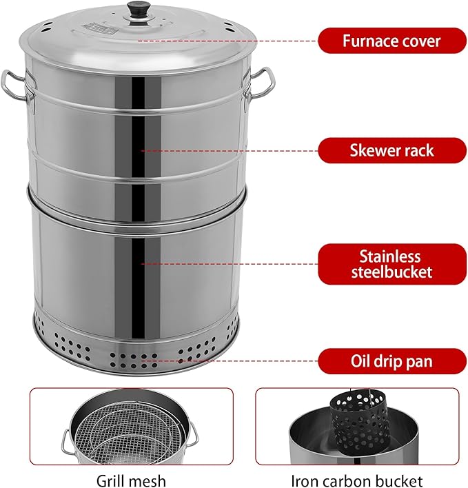 LARIDE Charcoal Grills Stainless Steel Ultra-Portable Smoker Grill for Outdoors, Camping and Home BBQ 16.14” Diameter, 360° Rotating Hanging BBQ with 50 Skewers barril para asar carne