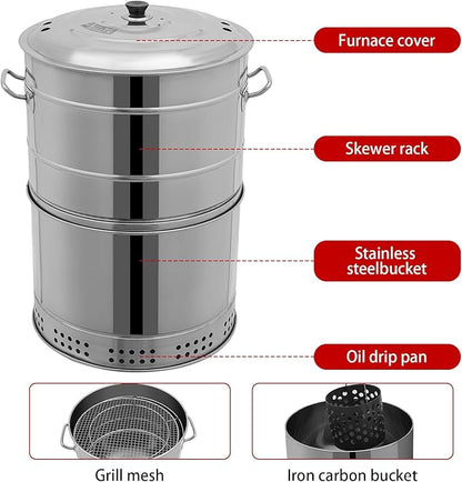 LARIDE Charcoal Grills Stainless Steel Ultra-Portable Smoker Grill for Outdoors, Camping and Home BBQ 16.14” Diameter, 360° Rotating Hanging BBQ with 50 Skewers barril para asar carne