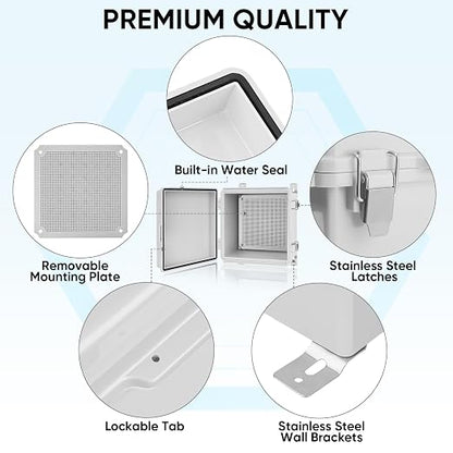 TICONN Outdoor Electrical Box Waterproof, Junction Box IP67 ABS Plastic Enclosure with Hinged Cover with Mounting Plate, Wall Brackets, Cable Glands (Off-White, 11.8"x11.8"x7.1")