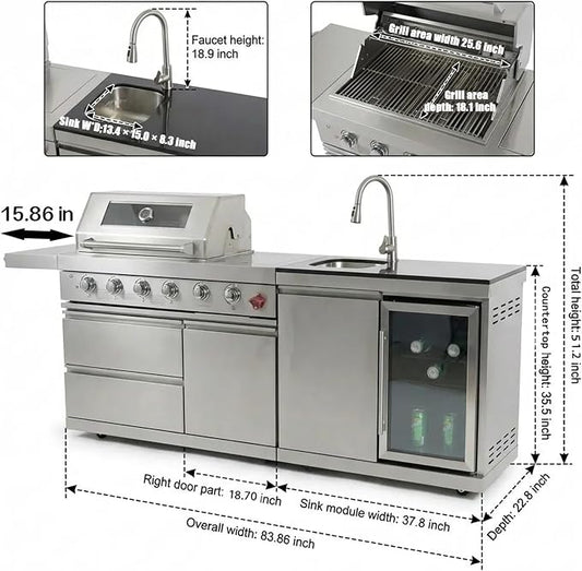 Modular Outdoor Kitchen Island, 6-Burner Gas Grill, 75300 BTU,Silver | 304 Stainless Steel,Garden Outdoor Cooking Backyard, Side Burners Sink,Wine,Cooler,Refrigerator,Rotisserie Kit