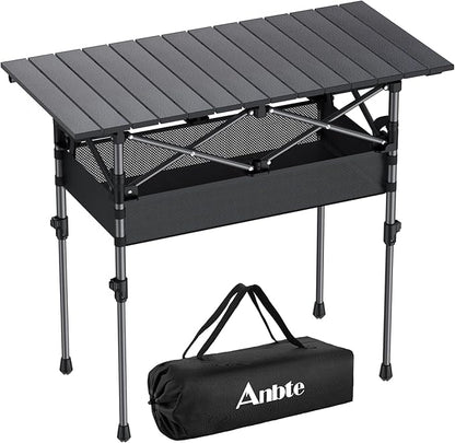 Anbte 3ft Aluminum Roll Top Camping Table, 2 Adjustable Height Camping Table Folding with Storage Net & Bag Lightweight Roll Up Table for Tailgate Outdoor Backyard BBQ Patio Picnic, 32.2” X 16”, Black