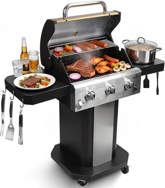 Redlife 3 Burner Propane Gas Grill, 30,000 BTU Outdoor BBQ Grill with Cast Iron Cooking Grates, Stainless Steel Warming Rack, Built-in Thermometer, Side Shelves, Removable Grease Tray, Yellow