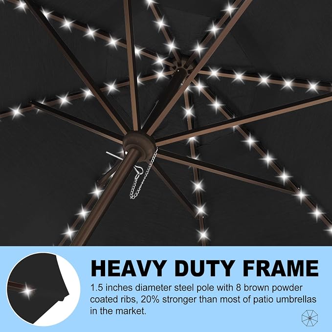 Eurmax USA 10-Year-Non-Fading 10FT Outdoor Patio Market Umbrella with LED Lights,UPF50+ UV Resistant,Heavy Duty Commercial Grade,Crank Lift Design,Windproof Vented Top for Garden,Pool,Deck,Black