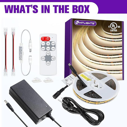 HitLights COB White LED Strip Lights Kit with Remote & 12V Power Supply, 16.4ft Dimmable Tape Light 4000K, 2400LEDs, 305+ Lm/ft, UL Listed, Flexible Rope Lights for Bedroom, Kitchen, Cabinet Lighting