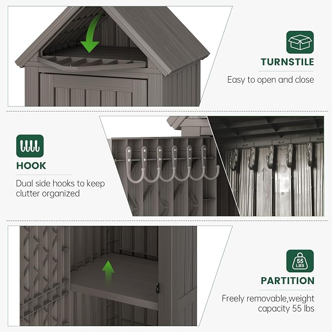 Bifanuo Deck Box Storage Shed Outdoor Storage Cabinet, Vertical Waterproof Resin Material Plastic Shed with Removable Shelves, 12 Hooks and Lock Ring for Garden, Pool and Patio (Grey)
