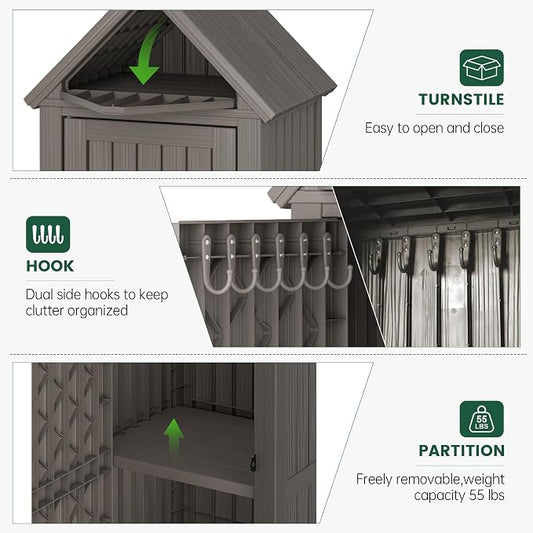 Bifanuo Deck Box Storage Shed Outdoor Storage Cabinet, Vertical Waterproof Resin Material Plastic Shed with Removable Shelves, 12 Hooks and Lock Ring for Garden, Pool and Patio (Grey)