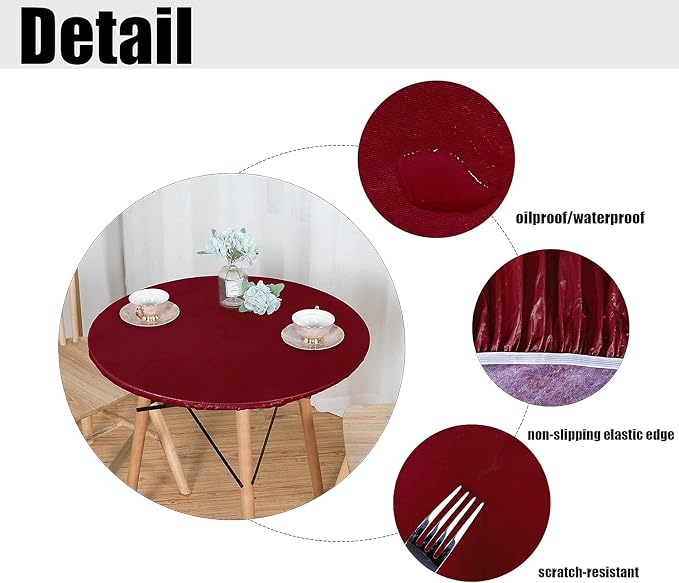 LUSHVIDA Round Waterproof Table Cover Elastic Tablecloth Vinyl Fitted Table Cloth Elastic Edged Plastic Table Cover,(Fits Tables up to 45"-56" R, Burgundy)