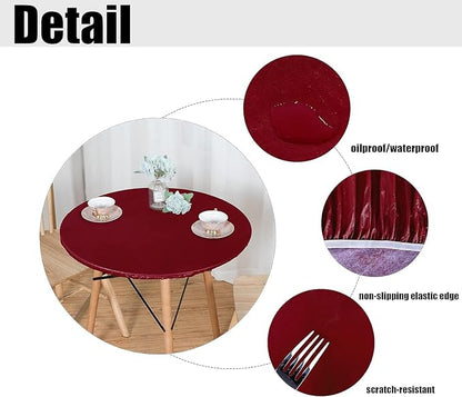 LUSHVIDA Round Waterproof Table Cover Elastic Tablecloth Vinyl Fitted Table Cloth Elastic Edged Plastic Table Cover,(Fits Tables up to 45"-56" R, Burgundy)