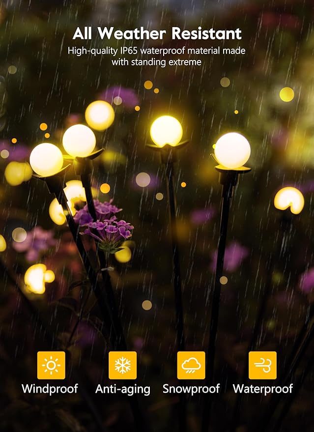 Brightown 4 Pack Solar Garden Lights, 48 LED Firefly Lights, 2 Lighting Modes, Wind Sway IP65 Waterproof Outdoor Lights for Garden Yard Pathway Decor, Warm White