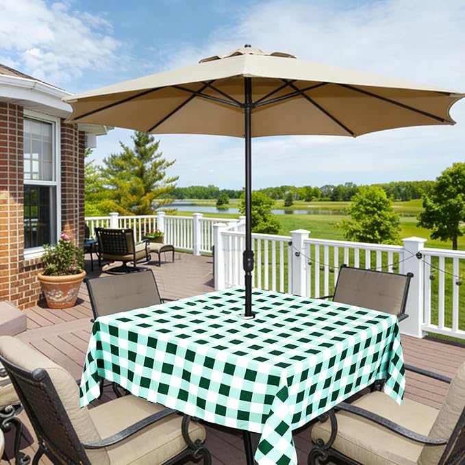 Poise3EHome Square Outdoor Tablecloth with Umbrella Hole and Zipper,Green and White Gingham 60x60 Inch,SpillProof Washable Table Cloth for Spring Summer Patio Garden Poolside Picnic Camping BBQS