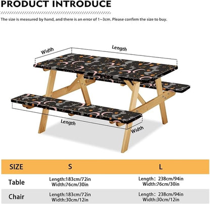 3 Piece Fitted Picnic Table Cover with Elastic Band for Camping Party Supplies Halloween Bat Moon Camping Tablecloth with Elastic Band