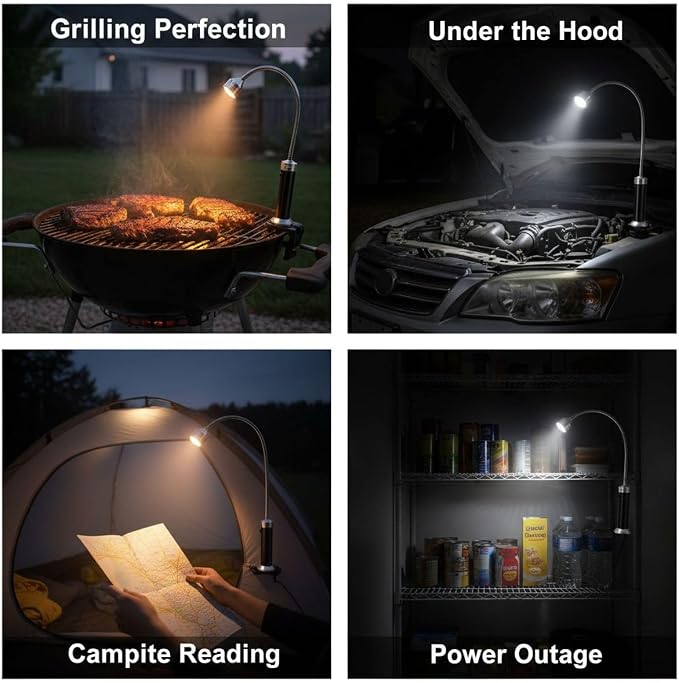 BBQ Grill Light with Attachment Force Base, 9 LED, 360 Degree Flexible Gooseneck, Portable Plastic Case Included, Black, for Grilling, Repairing, Camping, 7.1 x 4.7 x 1.8 in / 18 x 12 x 4.6 cm