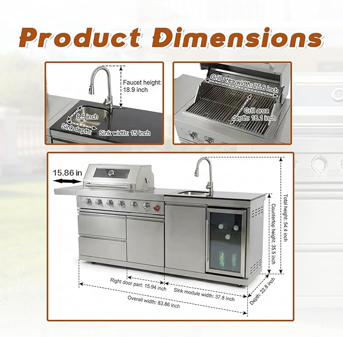 84" Deluxe Outdoor Kitchen Bar and BBQ Island Grill with 6 Burner, 75300 BTU Stainless Steel Grill, Integrated Sink, Wine Cooler, Refrigerator, Granite Countertops, and Rotisserie Kit