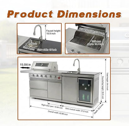 84" Deluxe Outdoor Kitchen Bar and BBQ Island Grill with 6 Burner, 75300 BTU Stainless Steel Grill, Integrated Sink, Wine Cooler, Refrigerator, Granite Countertops, and Rotisserie Kit