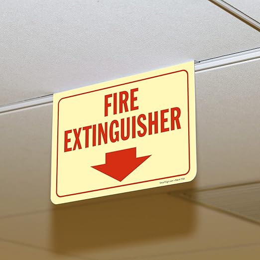 SmartSign "Fire Extinguisher" Two-Sided Drop Ceiling Z Sign with Down Arrow, 7 x 10 inch, 35 mil Aluminum Sign, Hang/Suspend from Ceiling Tile, Red/White, Made in USA
