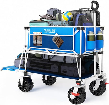 400L Collapsible Double Decker Beach Wagon with Brakes, Folding Beach Cart with 54" Extra Long Decker, 450LBS Heavy Duty Wagon Chart with All-Terrain Big Wheels for Sand Camping Garden