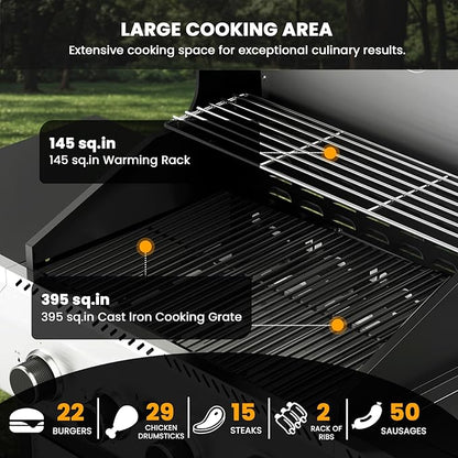 Electactic G41 Gas Grill,4-Burner Gas BBQ Grill with Side Burner, Porcelain-Enameled Grills, 42,000 BTU Stainless Steel Propane Grill for Outdoor Cooking and Patio Barbecues