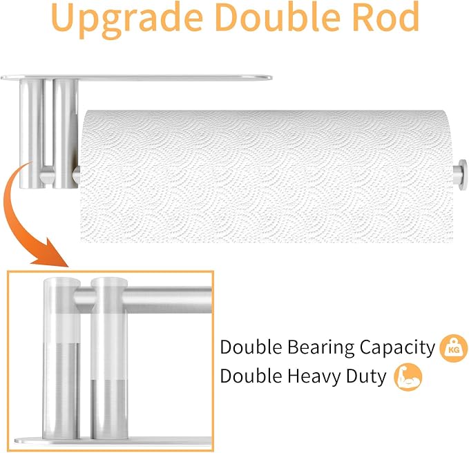 STWWO Under Cabinet Paper Towel Holder, Self Adhesive Paper Towel Rack | Brushed Nickel, Under Counter Under Sink Paper Towel Holder, Self-Adhesive or Wall Mounted, Fits Kitchens Bathrooms & RV