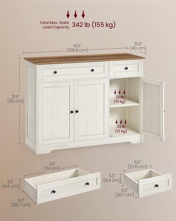 VASAGLE Siren Collection - Buffet Cabinet, Traditional Basic Coffee Bar Cabinet with 2 Drawers, Adjustable Shelves, 3 Doors, Sideboard, 42.1 x 15.8 x 31.8 Inches, Cloud White ULSC531WJ01S