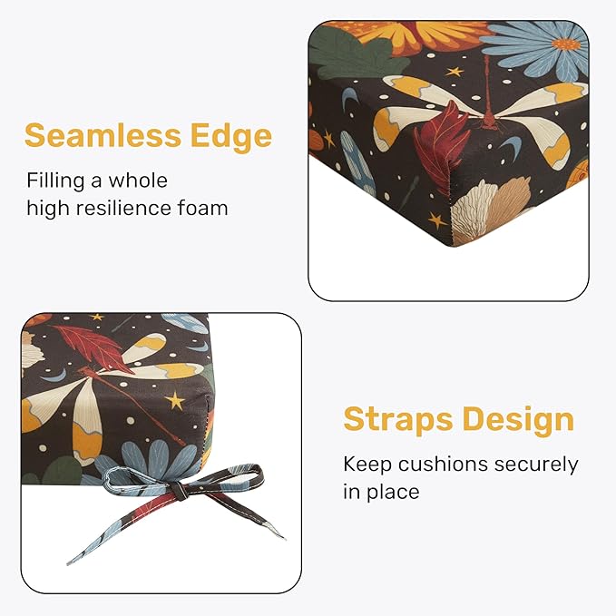 UNIKOME Outdoor Chair Cushions Pack of 4, Water Resistant Patio Cushions with Ties, High Density Sponge Filling Square Corner Seat Cushions for Outdoor Furniture, 18.5"*16"*3", Flower