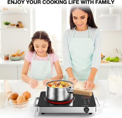 Electric Cooktop, Portable Electric Cooktop 1800W Single Burner Stove 110V with Plug, Hot Plate Countertop, Child Safety Lock, Timer, Infrared Burner,Touch and Knob Control