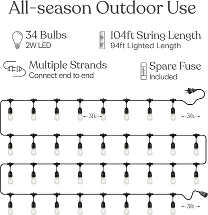 Brightech Ambience Pro 105Ft LED String Lights - 2W Commercial Grade Patio Lighting Outdoor Waterproof - Heavy Duty Dimmable Vintage Edison Porch Lights for Outside, Backyard - 34 Bulbs, Soft White