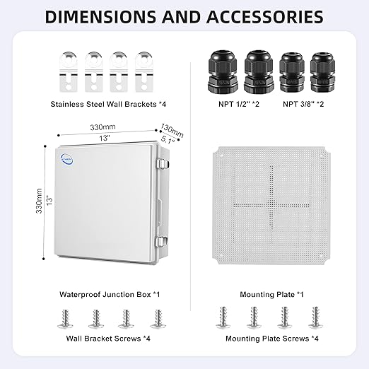 RTHIEAI Waterproof Outdoor IP67 Junction Box (13"x13"x5.1") with Mounting Plate, Hinged Grey Cover and Wall Brackets - Weatherproof ABS Plastic Electrical Enclosure for DIY Projects (330x330x130mm)