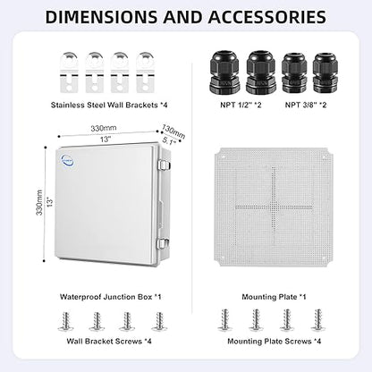RTHIEAI Waterproof Outdoor IP67 Junction Box (13"x13"x5.1") with Mounting Plate, Hinged Grey Cover and Wall Brackets - Weatherproof ABS Plastic Electrical Enclosure for DIY Projects (330x330x130mm)