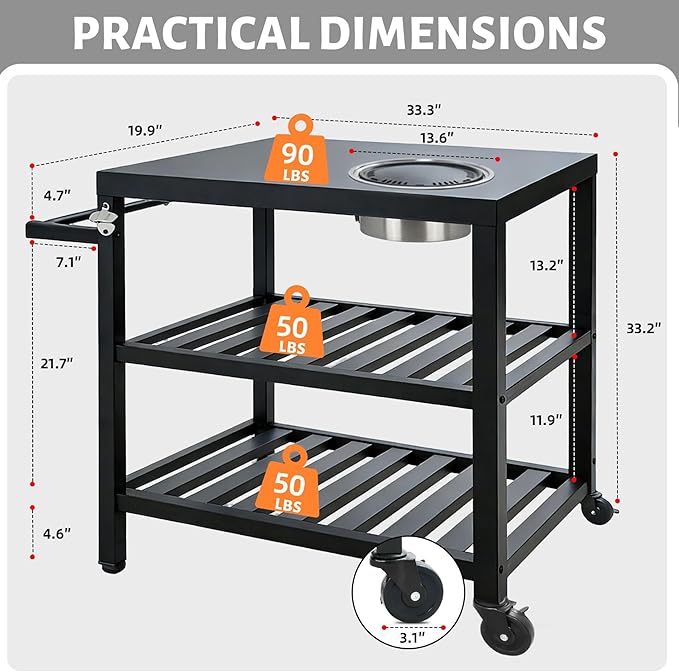 Outdoor Grill Cart with Grill Kit, Movable BBQ Prep Tables Station with Wheels, Dining Cart Table with 2-Tier Storage Cart, 33.3" Lx19.9W x33.2H Grill Table, Black