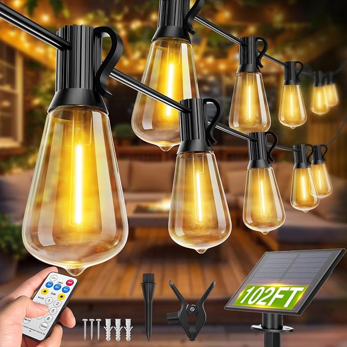 VOLIVO102FT ST38 Solar String Lights Waterproof,Patio Lights Solar Powered with Remote & USB Port 32+2 LED Shatterproof Bulbs 8 Light Modes, Dimmable Solar Light for Camping Backyard Garden | with Remote & USB Port, 32+2 LED Shatterproof Bulbs, 8 Light...