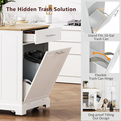 Ball & Cast Fluted Kitchen Island with Trash Can Storage Cabinet,Power Outlet,Internal Storage Rack,Rolling Kitchen Islands On 5 Wheels W/ 3 Drawer & 3 Open Side Racks for 10 Gallon Garbage Bin,White