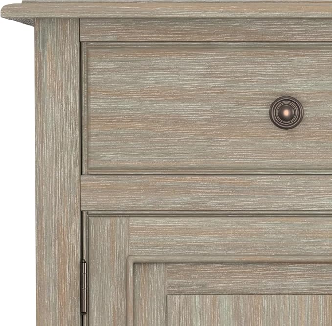 SIMPLIHOME Connaught 40" Wide Solid Wood Cabinet in Distressed Grey | Traditional slim entryway and living room organizer for hats, gloves, shoes and keys with space-saving storage design.