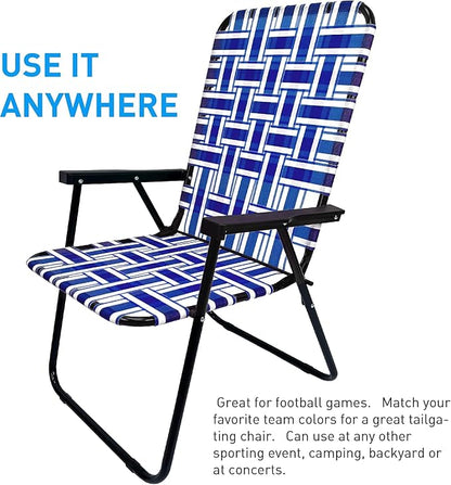 Lawn Chair Folding Steel Webbing Chaise Patio Lounger Seat Wood Handles Great for Camping, Beach, Fishing, Backyard, Stadium, Pool, Boating, and Sports 4 Pack Blue