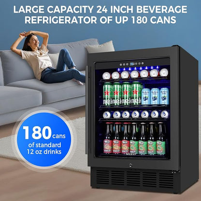 24 Inch Beverage Refrigerator Under Counter, Drink Fridge 180 Cans Large Capacity with Glass Door, 38dB Whisper Quiet Beverage Cooler Built-in for Home Bar Office, Memory Function for Beer Soda, Black