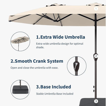 15FT Double Sided Patio Umbrella with Base Included Large Outdoor Market Umbrella with Crank Handle, UV Resistant Canopy, Sturdy Frame for Garden, Poolside, Deck, Beige