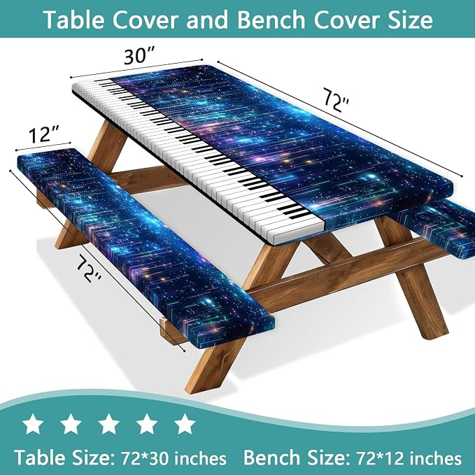 Piano Keyboard Picnic Table Cover with Bench Covers, Camping Essentials, Music Themed Waterproof Windproof, Fitted Tablecloth Cover with Elastic Edge, for Outdoor, Garden, 3 PCS, 30x72 Inch
