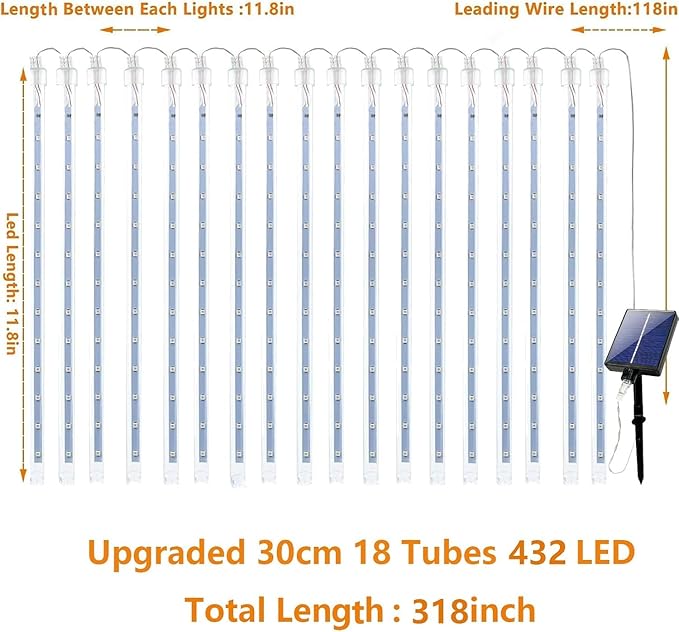 4th of July Decorations Outdoor, USA 250th Anniversary Red White and Blue Solar Meteor Shower Lights, 18 Tubes 432 LEDs Waterproof Patriotic String Lights for Independence National Memorial Day Decor