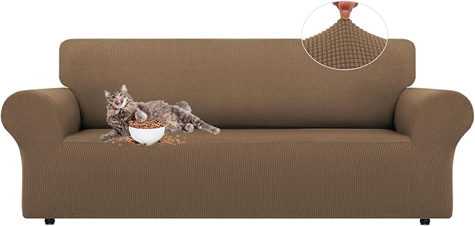 LURKA Stretch Couch Cover for Sofa, 1 Piece 3 Cushion Slipcover, Camel | Soft Stretch Jacquard, Fits 78"-94" Sofas, Elastic Bottom for Secure Fit, Machine Washable, Pet & Kid Friendly