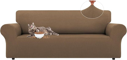 LURKA Stretch Couch Cover for Sofa, 1 Piece 3 Cushion Slipcover, Camel | Soft Stretch Jacquard, Fits 78"-94" Sofas, Elastic Bottom for Secure Fit, Machine Washable, Pet & Kid Friendly