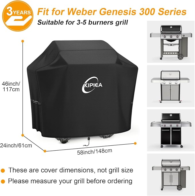 600D Heavy Duty Gas Grill Cover for Weber Genesis 300 Series & New Genesis 300 Grills, 58-Inch Waterproof BBQ Cover with Windproof Buckles, UV Resistant, No Tear, No Fading