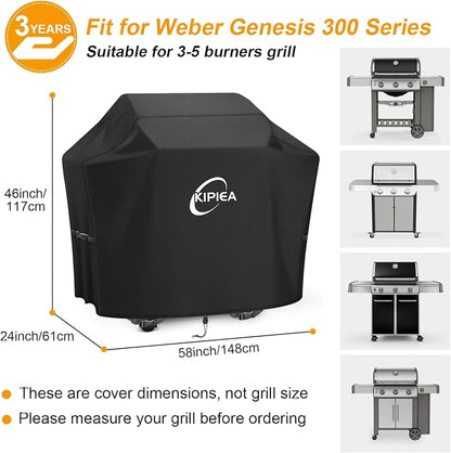 600D Heavy Duty Gas Grill Cover for Weber Genesis 300 Series & New Genesis 300 Grills, 58-Inch Waterproof BBQ Cover with Windproof Buckles, UV Resistant, No Tear, No Fading