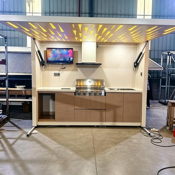 Prefab Outdoor Kitchen Kits, Modular Outdoor Kitchen Pod with Roof Storage Cabinet Burners Sink, Backyard Patio Outdoor BBQ Kitchen Island Cooking Station